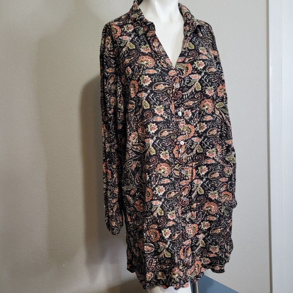 J. Jill XL blouse flower button front longsleeve collar hi-low paisley